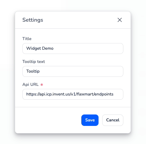 Widget settings panel showing the default Title, Tooltip text, and Api URL fields